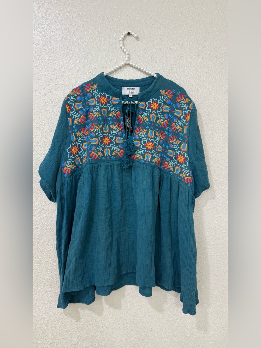 Rowdy Crowd Clothing 2X Teal Embroidered Cotton Gauze Boho Top NWT